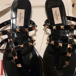 Valentino Garavani Black Jelly Thong Sandals with Gold Studs